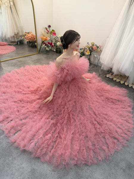 オフショルダー ボリューム フリルドレス ピンク(W368)