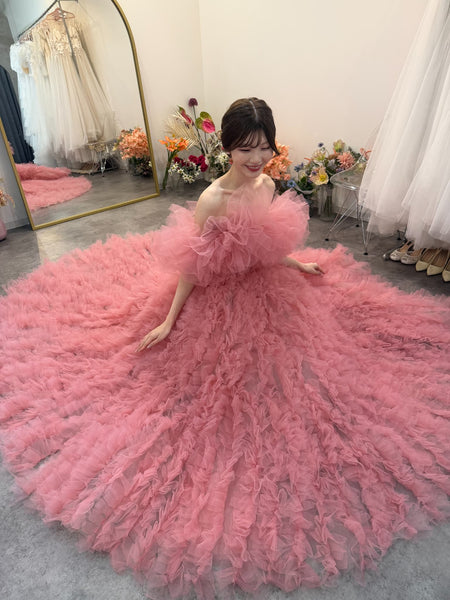 オフショルダー ボリューム フリルドレス ピンク(W368)