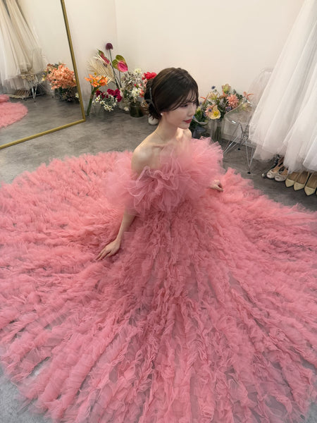 オフショルダー ボリューム フリルドレス ピンク(W368)