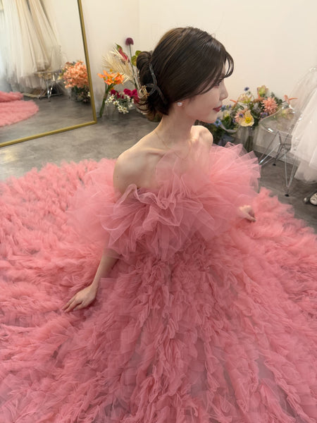 オフショルダー ボリューム フリルドレス ピンク(W368)