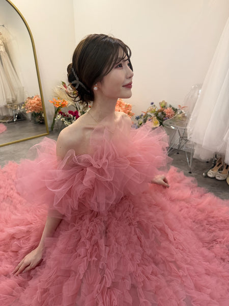 オフショルダー ボリューム フリルドレス ピンク(W368)