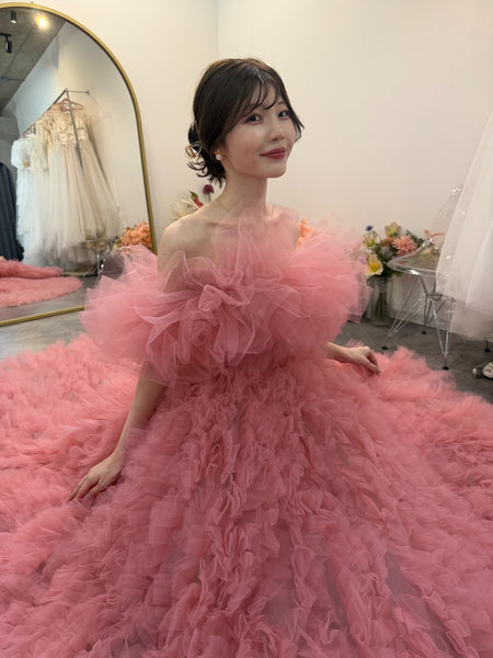 オフショルダー ボリューム フリルドレス ピンク(W368)