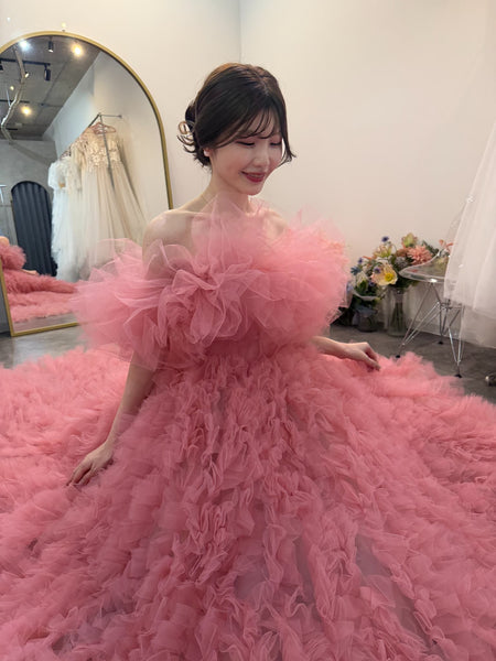 オフショルダー ボリューム フリルドレス ピンク(W368)