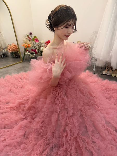 オフショルダー ボリューム フリルドレス ピンク(W368)