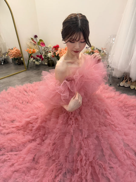 オフショルダー ボリューム フリルドレス ピンク(W368)