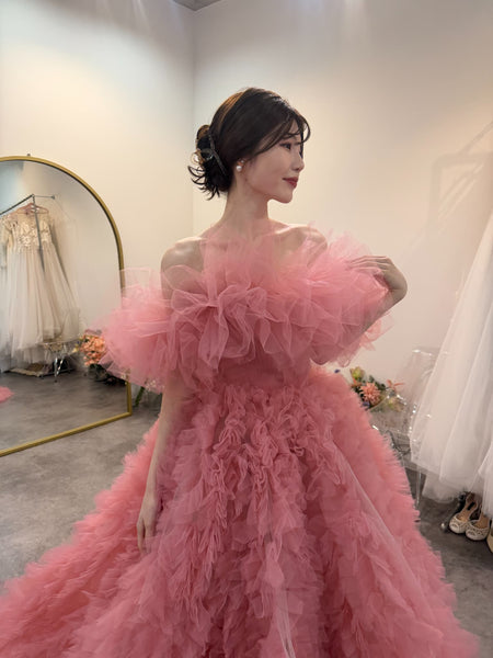 オフショルダー ボリューム フリルドレス ピンク(W368)