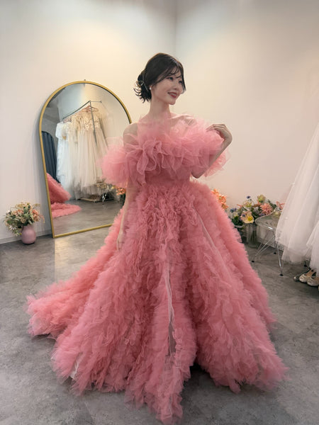 オフショルダー ボリューム フリルドレス ピンク(W368)