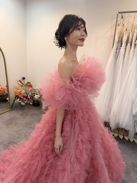 オフショルダー ボリューム フリルドレス ピンク(W368)