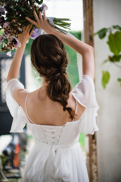 オフショルダー バックリボン シフォンドレス(W199)