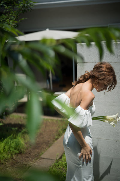 オフショルダー ボリューム袖 サテン ソフトマーメイドドレス(W225)