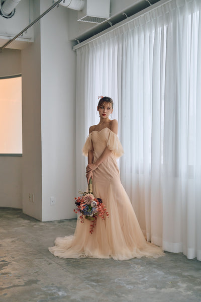 チュール バックフリル オフショルダードレス ペールオレンジ(W325PO)