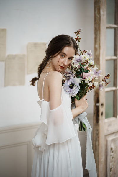 オフショルダー バックリボン シフォンドレス(W199)