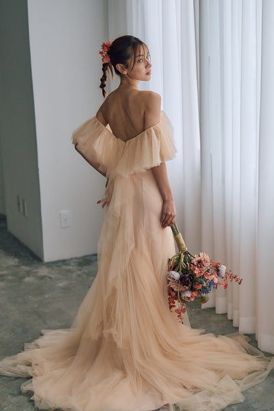 チュール バックフリル オフショルダードレス ペールオレンジ(W325PO)