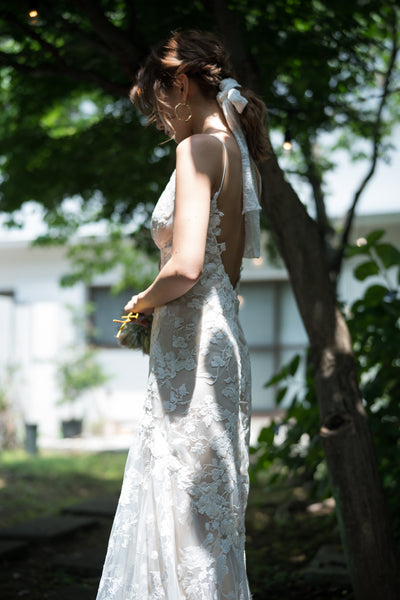 刺繍レース 背中開き ソフトマーメイドドレス(W230)