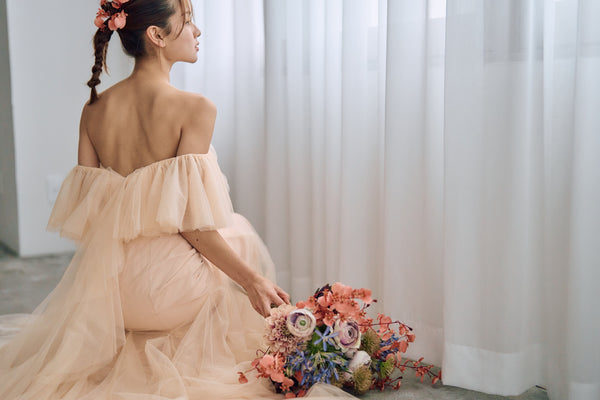 チュール バックフリル オフショルダードレス ペールオレンジ(W325PO)