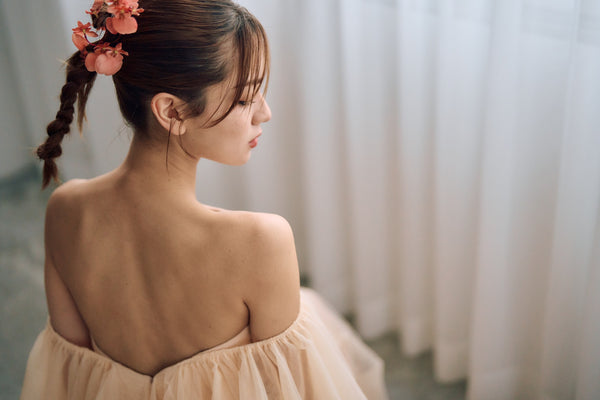 チュール バックフリル オフショルダードレス ペールオレンジ(W325PO)