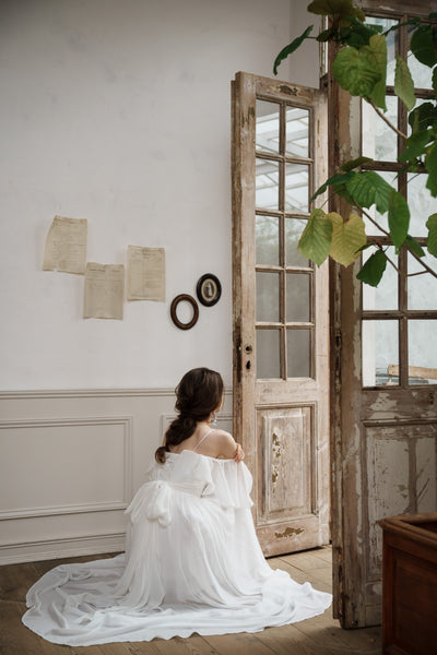 オフショルダー バックリボン シフォンドレス(W199)