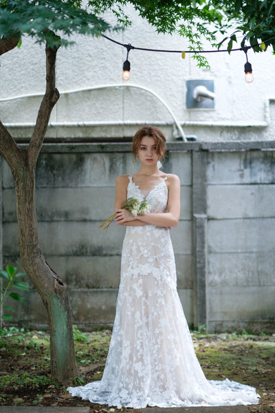 刺繍レース 背中開き ソフトマーメイドドレス(W230)