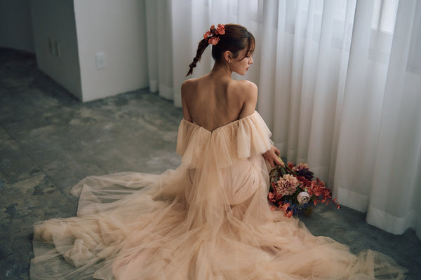 チュール バックフリル オフショルダードレス ペールオレンジ(W325PO)