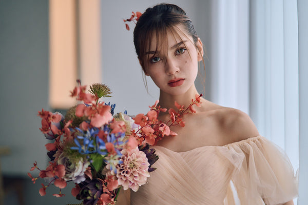 チュール バックフリル オフショルダードレス ペールオレンジ(W325PO)