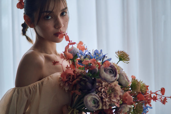 チュール バックフリル オフショルダードレス ペールオレンジ(W325PO)