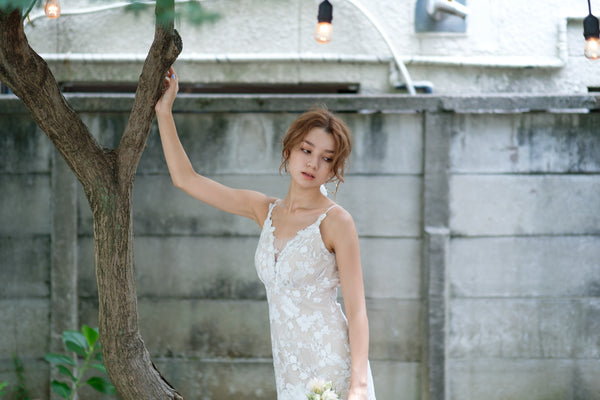 刺繍レース 背中開き ソフトマーメイドドレス(W230)