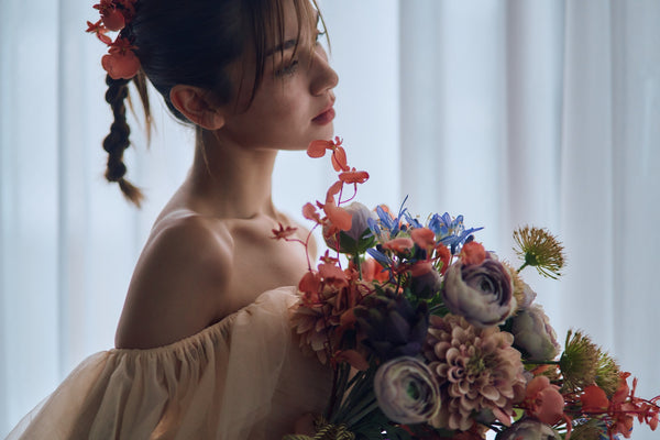 チュール バックフリル オフショルダードレス ペールオレンジ(W325PO)