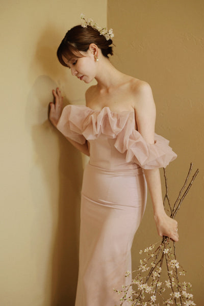 チュールショルダー ソフトマーメイドドレス ダスティピンク(W341DP)