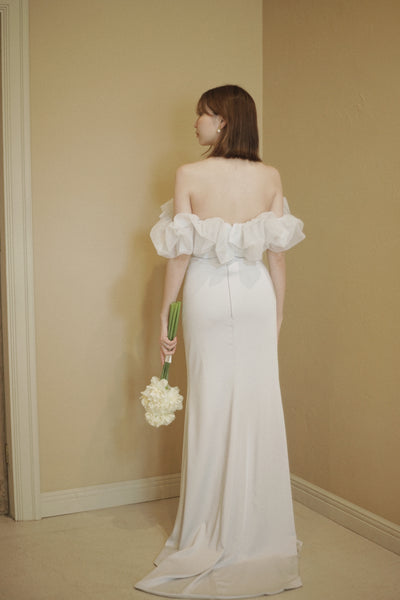 チュールショルダー ソフトマーメイドドレス ブルーグレー(W341BG)