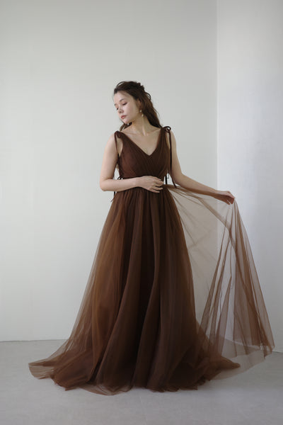 リボンショルダー Vネック ブラウン チュールドレス(W271)