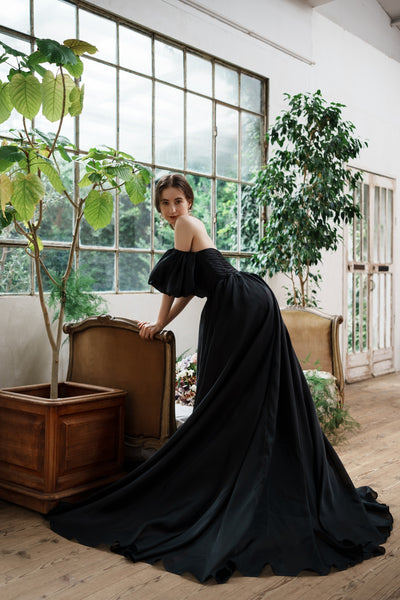 オーガンジーサテン パフスリーブドレス ブラック(W260BK)