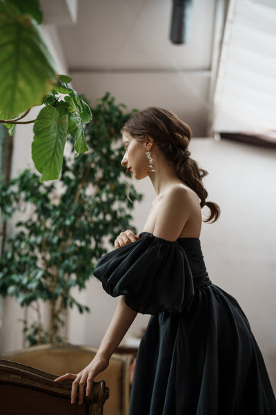 オーガンジーサテン パフスリーブドレス ブラック(W260BK)