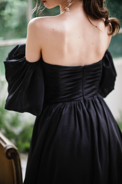 オーガンジーサテン パフスリーブドレス ブラック(W260BK)