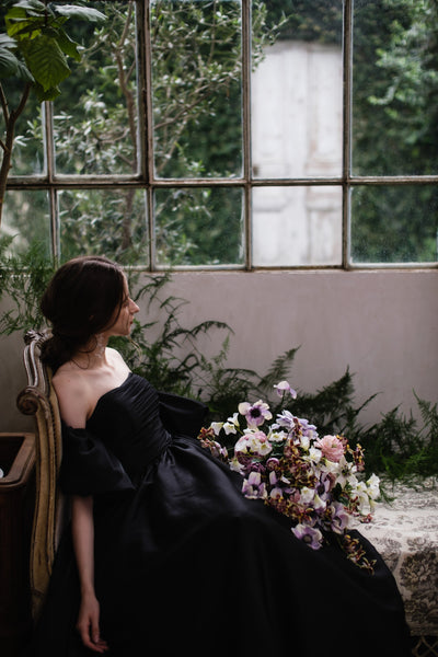 オーガンジーサテン パフスリーブドレス ブラック(W260BK)