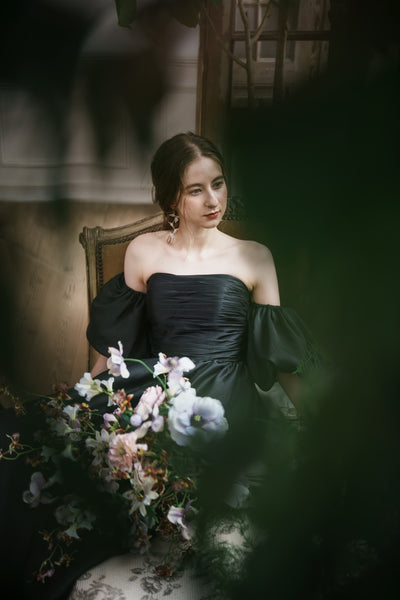 オーガンジーサテン パフスリーブドレス ブラック(W260BK)