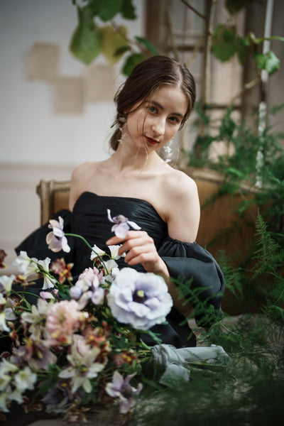 オーガンジーサテン パフスリーブドレス ブラック(W260BK)