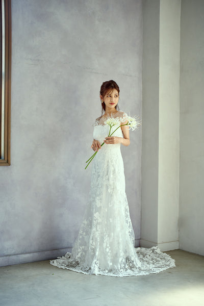 刺繍レース フレンチスリーブ バックV ソフトマーメイドドレス(W284)