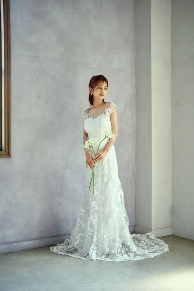 刺繍レース フレンチスリーブ バックV ソフトマーメイドドレス(W284)