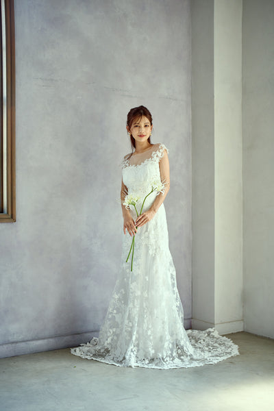 刺繍レース フレンチスリーブ バックV ソフトマーメイドドレス(W284)