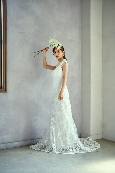 刺繍レース フレンチスリーブ バックV ソフトマーメイドドレス(W284)