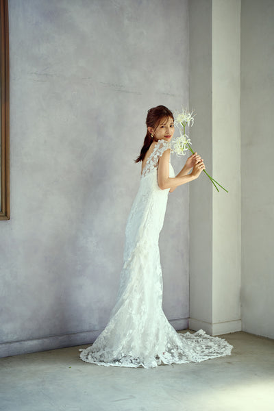 刺繍レース フレンチスリーブ バックV ソフトマーメイドドレス(W284)