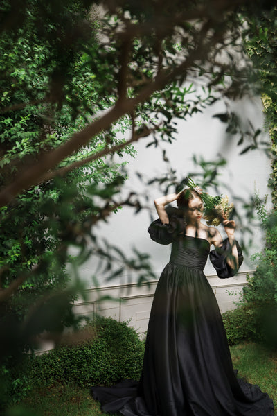 オーガンジーサテン パフスリーブドレス ブラック(W260BK)