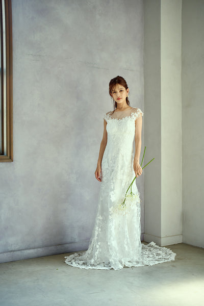 刺繍レース フレンチスリーブ バックV ソフトマーメイドドレス(W284)