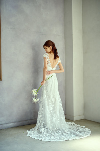 刺繍レース フレンチスリーブ バックV ソフトマーメイドドレス(W284)