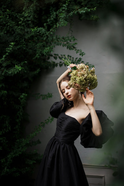 オーガンジーサテン パフスリーブドレス ブラック(W260BK)