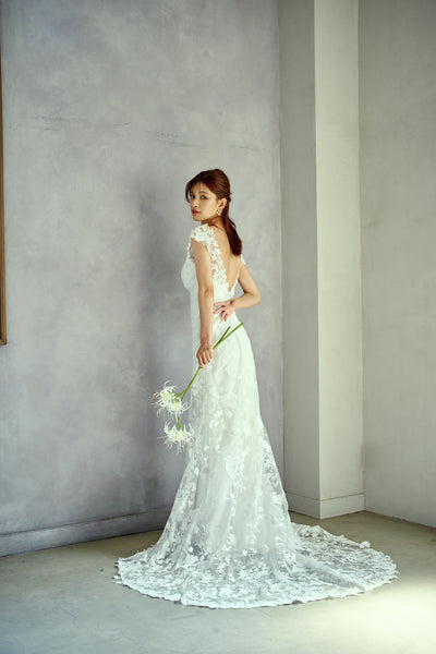 刺繍レース フレンチスリーブ バックV ソフトマーメイドドレス(W284)