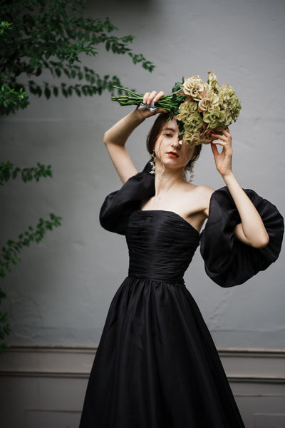 オーガンジーサテン パフスリーブドレス ブラック(W260BK)