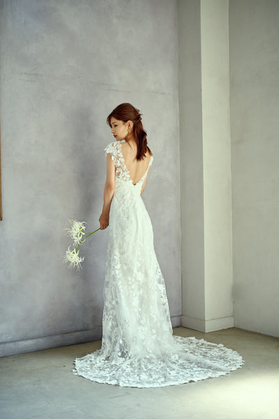 刺繍レース フレンチスリーブ バックV ソフトマーメイドドレス(W284)