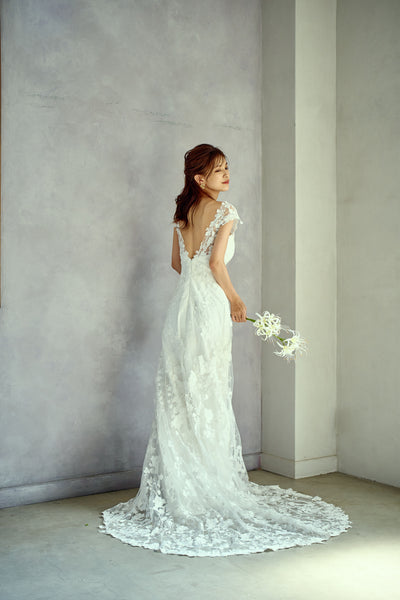 刺繍レース フレンチスリーブ バックV ソフトマーメイドドレス(W284)