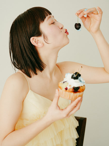 バターイエロー フリル チュールドレス(W331)